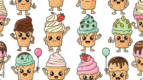 Cute Kawaii Ice Cream Cone Characters Seamless Pattern Adorable Dessert Food Vector Illustration for Kids Summer Fun Party Decorations and Sweet Treats Design