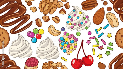 Seamless Pattern of Sweet Treats Ice Cream Cookies Nuts and Chocolate Drizzle for Desserts and Celebrations