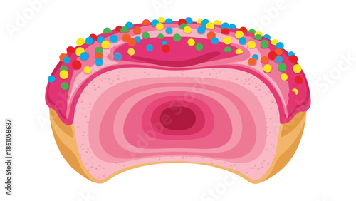 Colorful Sprinkled Donut Cut In Half Showing Layers Of Pink Icing And Cake Sweet Treat Dessert Icon