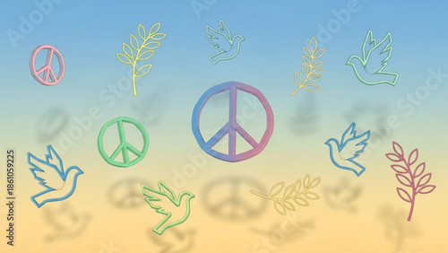 Vibrant peace signs and doves with leaves on gradient background symbolizing harmony