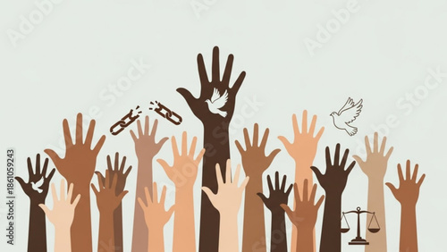 Diverse hands raised with dove, broken chains and scales of justice, symbolizing freedom