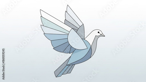 Geometric dove in flight with outstretched wings on white background