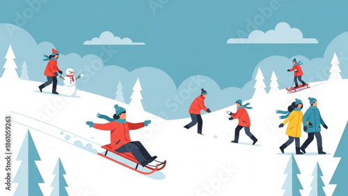People sledding and building a snowman on a snowy hill with trees and clouds