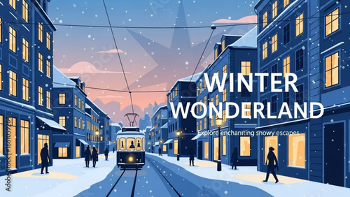 Snowy city street with tram and people on a winter evening with buildings and streetlights