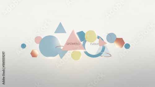 Colorful geometric shapes with growing evolve text on white background