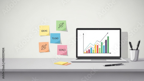 Business planning with laptop sticky notes and graph on screen in office workspace