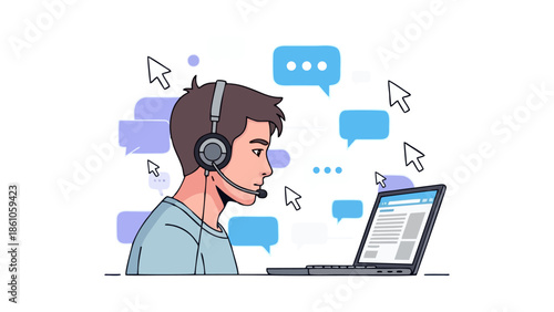 Young Man with Headset Engaged in Online Communication via Laptop Surrounded by Chat Bubbles and Cursor Icons