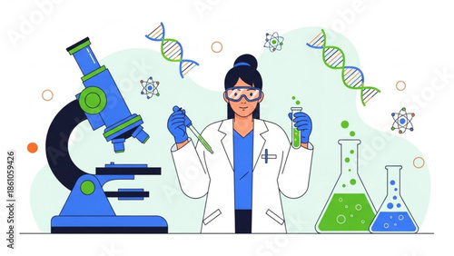 Female scientist in lab coat holding test tubes with green liquid near microscope and beakers