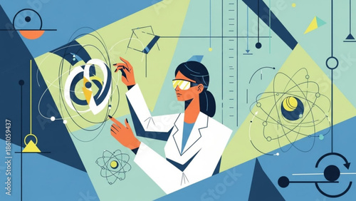 Female scientist in lab coat analyzing atomic structures and molecular models in a futuristic