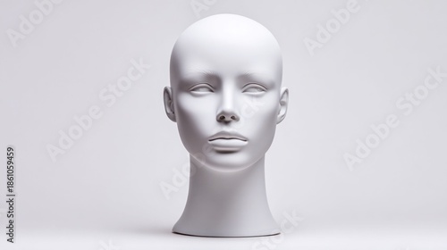 A minimalist studio shot of a white mannequin head against a plain background