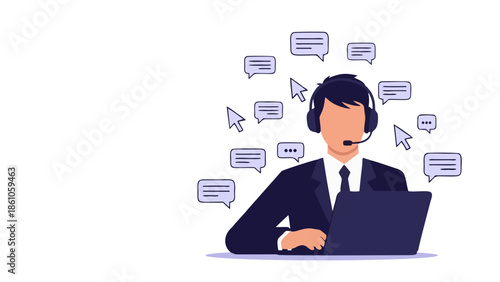 Customer Support Agent with Headset and Laptop surrounded by Chat Bubbles and Cursors Vector Illustration