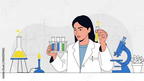 Female scientist in lab coat holding test tubes in laboratory with microscope and beaker