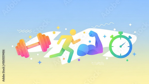 Vibrant illustration of fitness icons including a person running, dumbbell, flexed arm