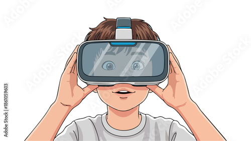 Excited young boy wearing virtual reality headset exploring immersive digital world and future technology front view illustration