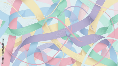 Pastel colored ribbons swirling together in a festive and celebratory atmosphere, soft pastel