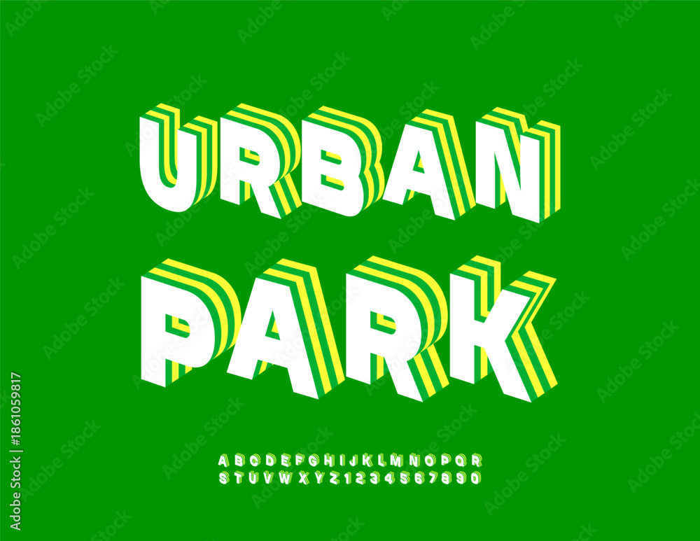 Naklejka premium Vector Ecologic board Urban Park with 3D Artistic Font. Digital Isometric Alphabet Letters and Numbers set