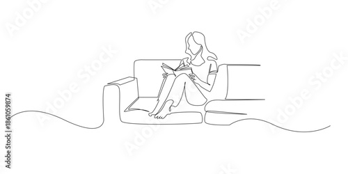 Hand drawn line illustration of a woman sitting on a sofa reading a book, drawn in a continuous single line style for leisure, education, and calm lifestyle concepts.