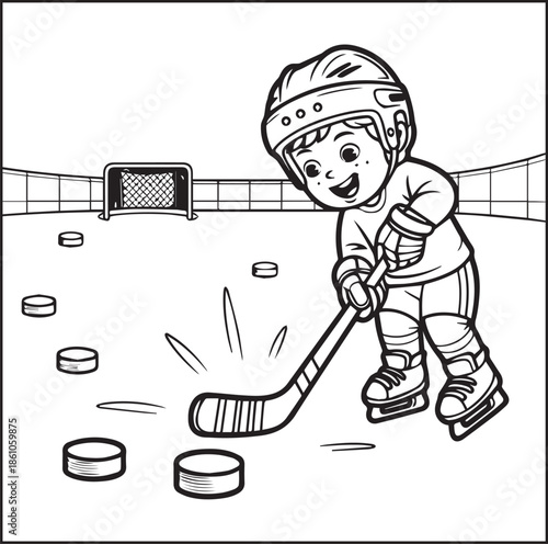 Boy playing ice hockey with stick black outline vector illustration, Winter sports coloring activity book for kids