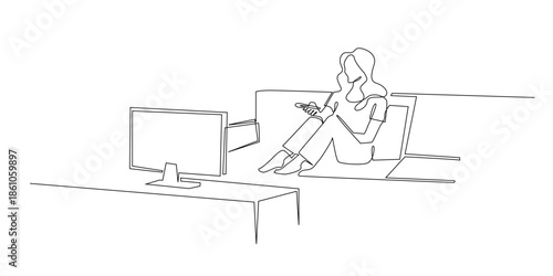 Hand drawn line illustration of a woman sitting on a sofa watching television, drawn in a continuous single line style for home leisure and modern lifestyle concepts.