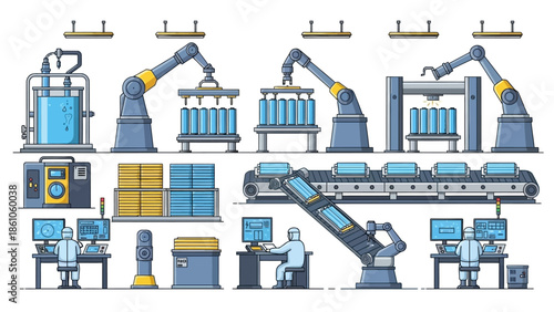 Automated industrial manufacturing line with robotic arms, conveyor belts, and quality control stations.