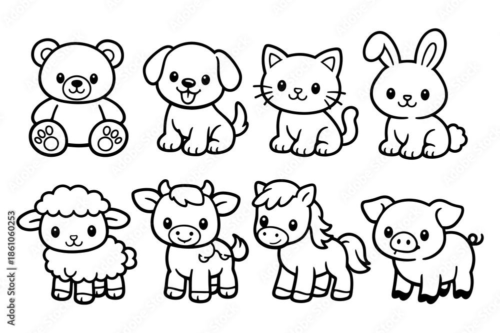Naklejka premium Cute animal outline drawings: adorable baby farm and pet animals collection