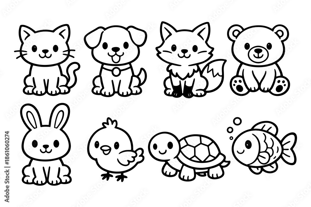 Naklejka premium Adorable cartoon animals: cat, dog, fox, bear, bunny, chick, turtle, fish