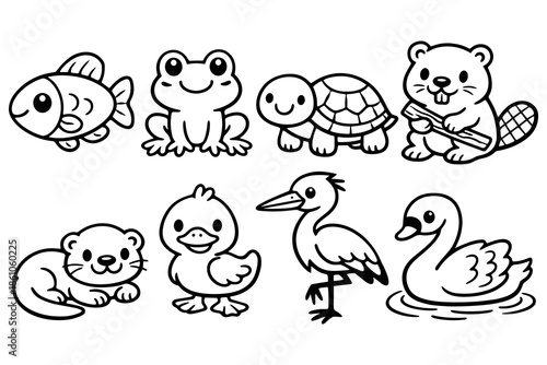 Cute black and white cartoon animal set featuring aquatic and terrestrial creatures