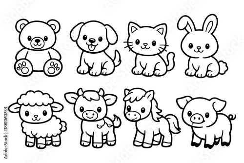 Cute animal outline drawings: adorable baby farm and pet animals collection