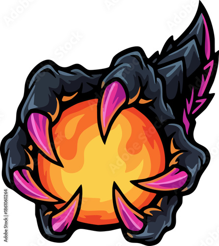 Dark fantasy monster claw grasping a magical orange energy sphere.