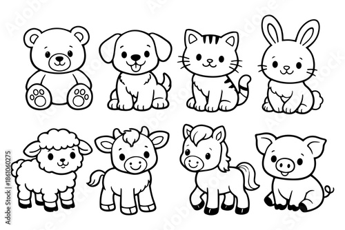 Cute line art of adorable baby animals: bear, dog, cat, rabbit, sheep, cow, horse, pig
