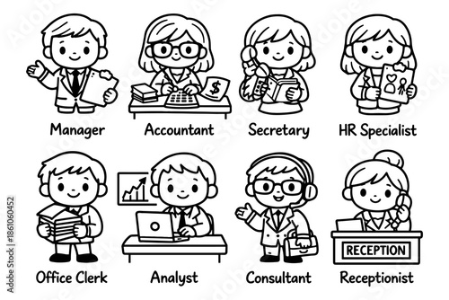 Cute office characters set: manager, accountant, secretary, hr specialist, office clerk, analyst, consultant, receptionist