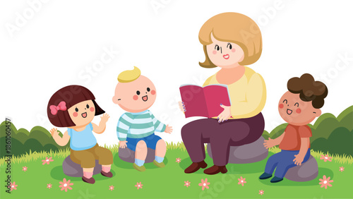 Cartoon kindergarten illustration Teacher and students telling stories sitting on the outdoor field