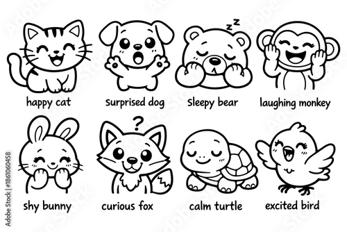 Cute animal characters in cartoon style: happy cat, surprised dog, sleepy bear