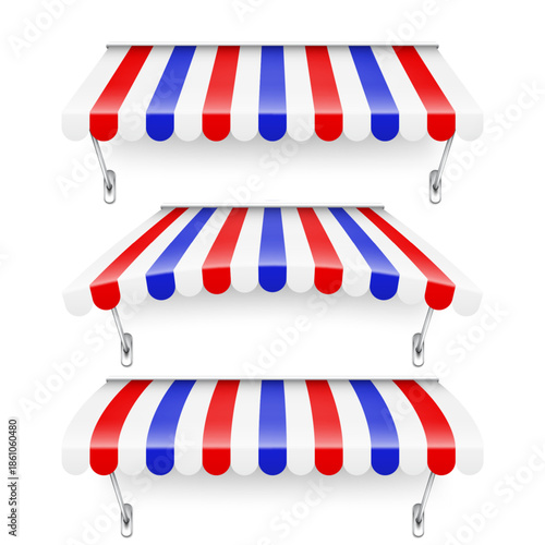 Shop sunshade with metal holder. Realistic striped cafe awning. Outdoor market tent. Roof canopy in French flag colors. Summer street store. Vector illustration