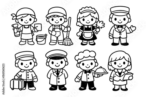 Cute black and white cartoon characters in various occupations