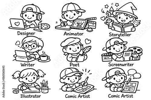 Creative kids in artistic professions - cartoon style children's illustration of various artistic careers