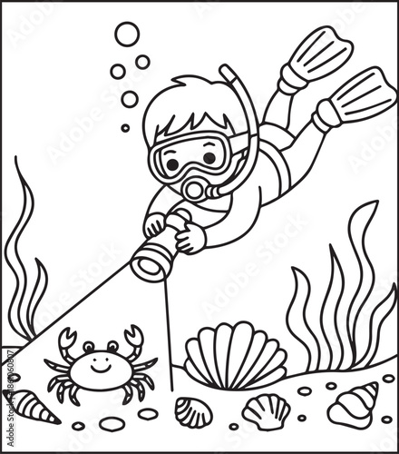 Scuba diving coloring page for kids and adults, A cute diver in underwater ocean beautiful scenery vector line art illustration