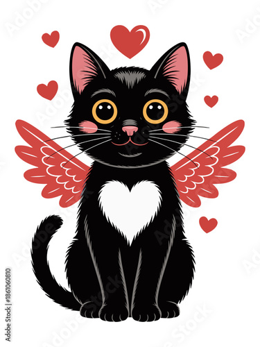 Whimsical illustration of cute valentines cat with
wings