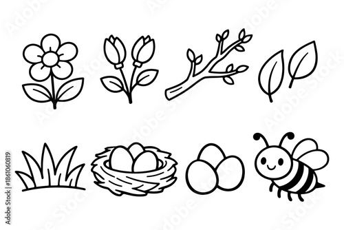 Nature spring icon set: flowers, branches, leaves, and bees in outline style