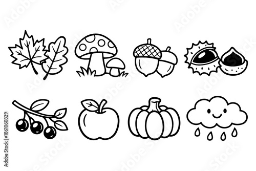 Charming black and white autumn icons featuring leaves, mushrooms, nuts, and seasonal fruits