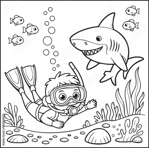 Scuba diving coloring page for kids and adults, A cute diver in underwater ocean beautiful scenery vector line art illustration