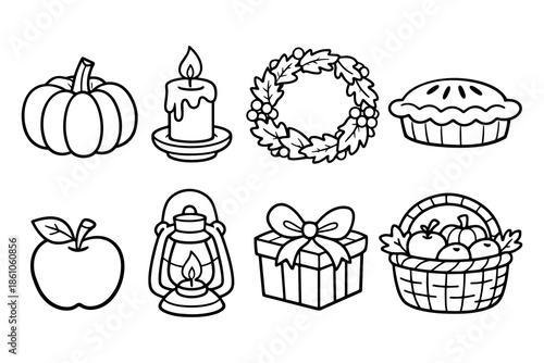 Autumn icons set: pumpkin, candle, wreath, pie, apple, lantern, gift, basket