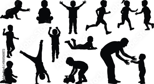 Children silhouettes set isolated on white background, kids playing running jumping crawling activities, childhood development illustration vector collection design