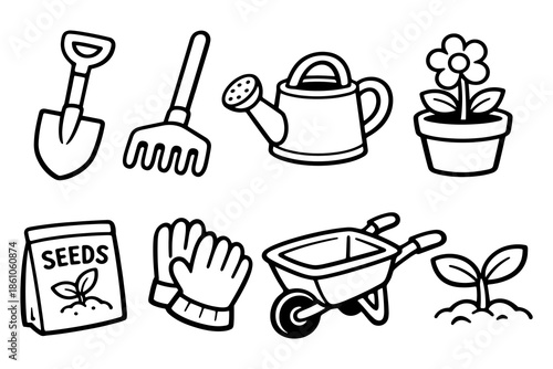 Essential gardening tools and symbols in black and white line art