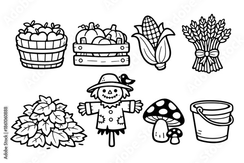 Harvest season icons: rustic farm produce and autumn symbols in black and white