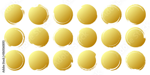 Golden grunge circles, brush strokes, lines, ink smudges, hand-drawn scribble shapes. Handmade sketchy marks, acrylic stains, charcoal streaks. Paint textures, dry brush effect. Vector illustration