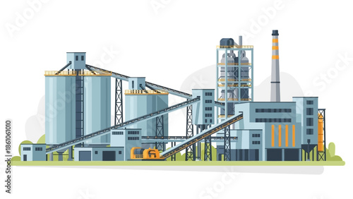A large industrial complex with silos, conveyor belts, and processing buildings under a clear sky.
