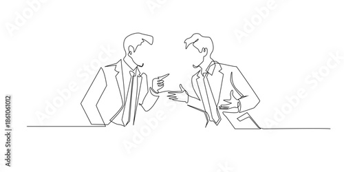 Hand drawn line illustration of two business men arguing during a discussion, drawn in a continuous single line style for conflict, negotiation, and corporate communication concepts.