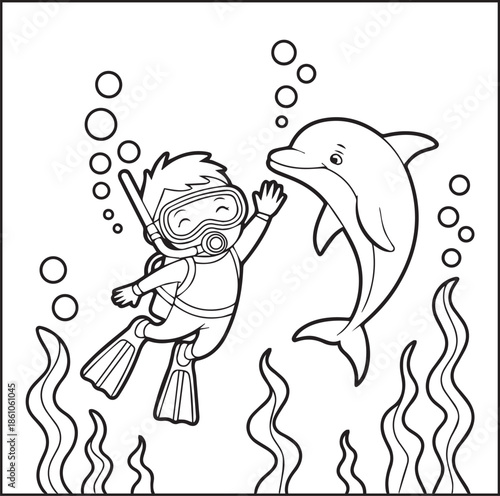 Scuba diving coloring page for kids and adults, A cute diver in underwater ocean beautiful scenery vector line art illustration
