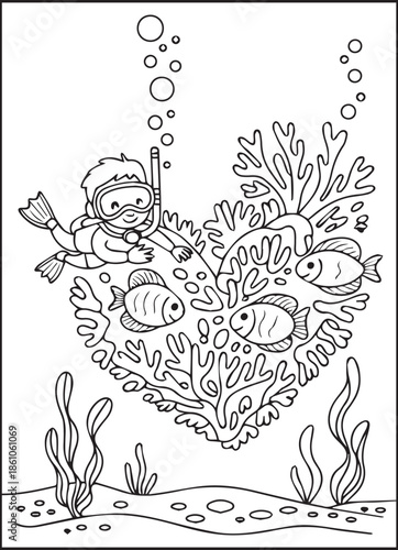 Scuba diving coloring page for kids and adults, A cute diver in underwater ocean beautiful scenery vector line art illustration